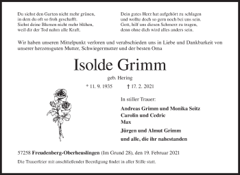 Traueranzeige von Isolde Grimm von Siegener Zeitung
