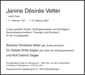 Traueranzeige von Janine Désirée Vetter von Siegener Zeitung