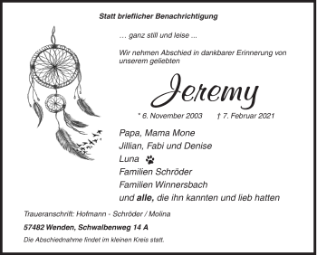 Traueranzeige von Jeremy  von Siegener Zeitung