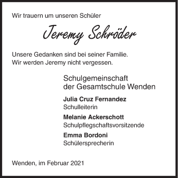 Traueranzeige von Jeremy Schröder von Siegener Zeitung