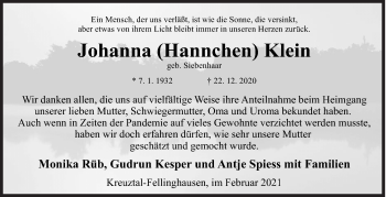Traueranzeige von Johanna  Klein von Siegener Zeitung