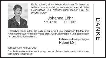 Traueranzeige von Johanna Löhr von Siegener Zeitung