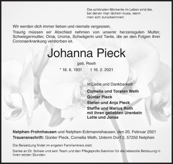 Traueranzeige von Johanna Pieck von Siegener Zeitung