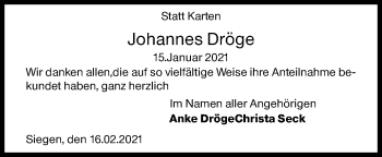 Traueranzeige von Johannes Dröge von Siegener Zeitung