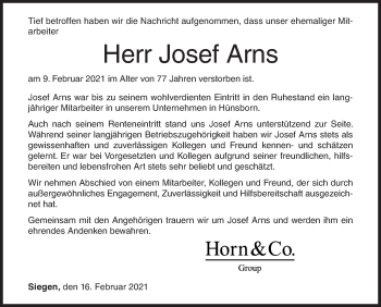Traueranzeige von Josef Arns von Siegener Zeitung