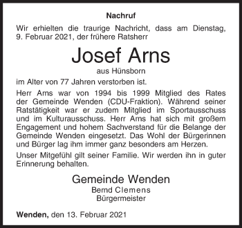 Traueranzeige von Josef Arns von Siegener Zeitung