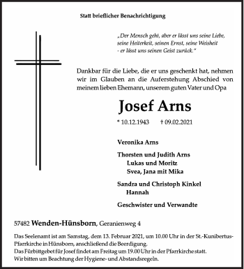 Traueranzeige von Josef Arns von Siegener Zeitung