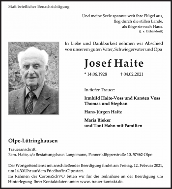 Traueranzeige von Josef Haite von Siegener Zeitung