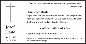 Traueranzeige von Josef Haite von Siegener Zeitung