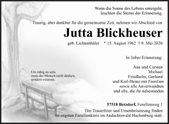 Traueranzeige von Jutta Blickheuser von Siegener Zeitung
