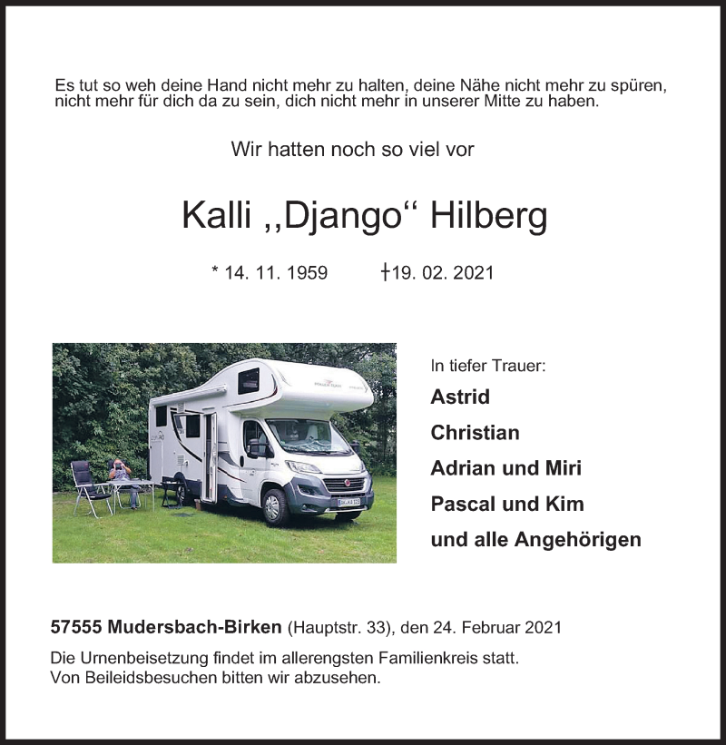  Traueranzeige für Kalli  Hilberg vom 22.02.2021 aus Siegener Zeitung