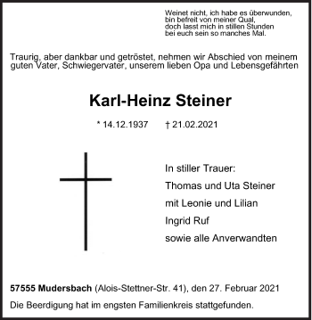 Traueranzeige von Karl-Heinz Steiner von Siegener Zeitung