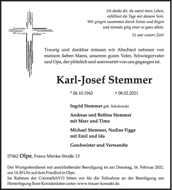Traueranzeige von Karl-Josef Stemmer von Siegener Zeitung