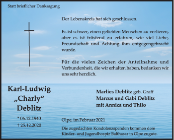 Traueranzeige von Karl-Ludwig Deblitz von Siegener Zeitung