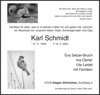 Traueranzeige von Karl Schmidt von Siegener Zeitung