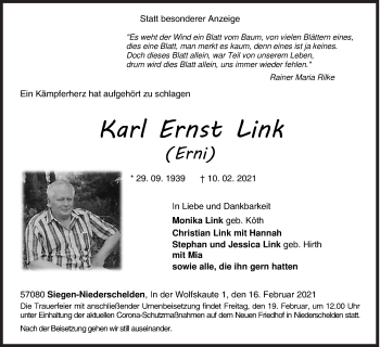 Traueranzeige von Karl Ernst Link von Siegener Zeitung