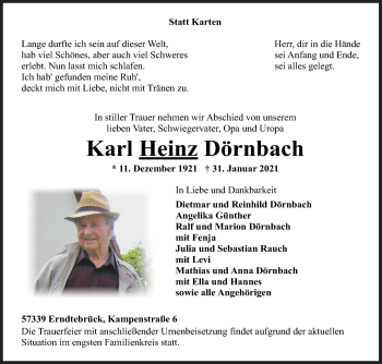 Traueranzeige von Karl Heinz Dörnbach von Siegener Zeitung