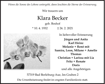 Traueranzeige von Klara Becker von Siegener Zeitung