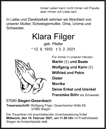 Traueranzeige von Klara Filger von Siegener Zeitung