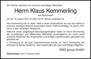 Traueranzeige von Klaus Kemmerling von Siegener Zeitung