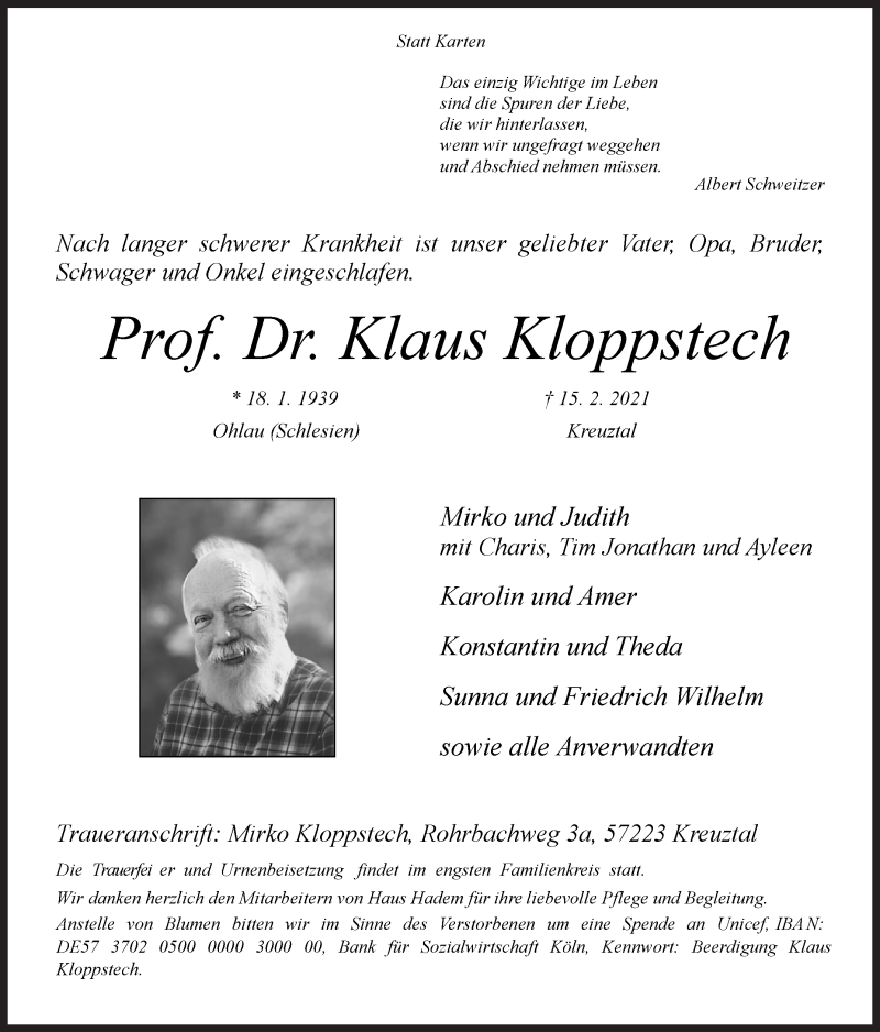  Traueranzeige für Klaus Kloppstech vom 20.02.2021 aus Siegener Zeitung