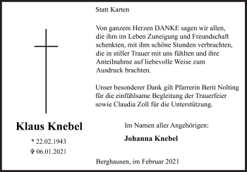 Traueranzeige von Klaus Knebel von Siegener Zeitung