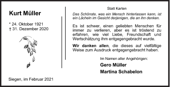 Traueranzeige von Kurt Müller von Siegener Zeitung