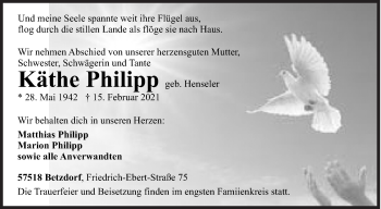 Traueranzeige von Käthe Philipp von Siegener Zeitung