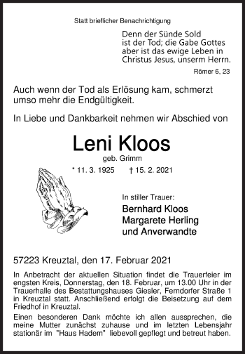 Traueranzeige von Leni Kloos von Siegener Zeitung