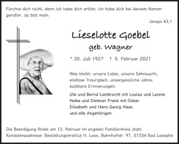 Traueranzeige von Lieselotte Goebel von Siegener Zeitung