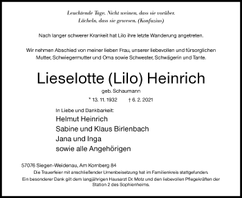 Traueranzeige von Lieselotte Heinrich von Siegener Zeitung