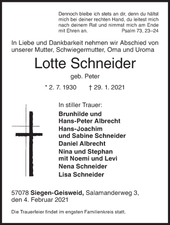 Traueranzeige von Lotte Schneider von Siegener Zeitung