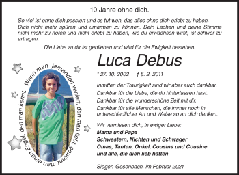 Traueranzeige von Luca Debus von Siegener Zeitung