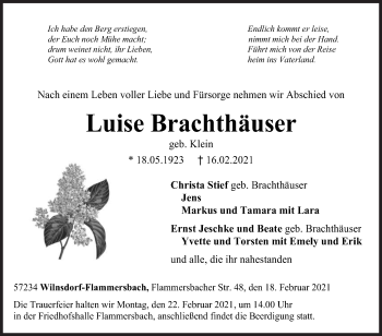 Traueranzeige von Luise Brachthäuser von Siegener Zeitung