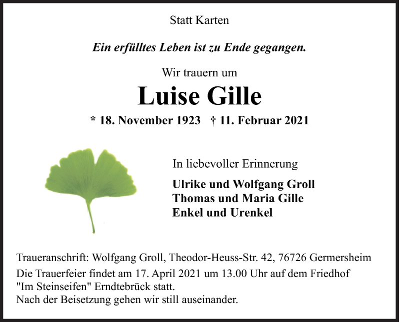  Traueranzeige für Luise Gille vom 22.02.2021 aus Siegener Zeitung