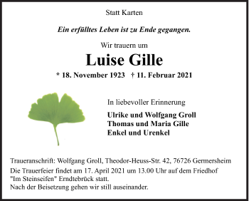 Traueranzeige von Luise Gille von Siegener Zeitung