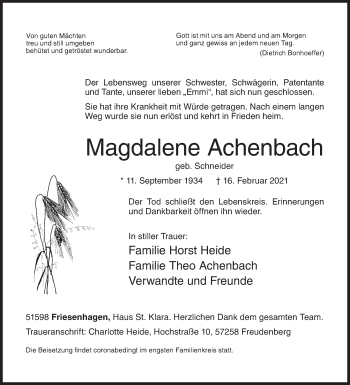 Traueranzeige von Magdalene Achenbach von Siegener Zeitung