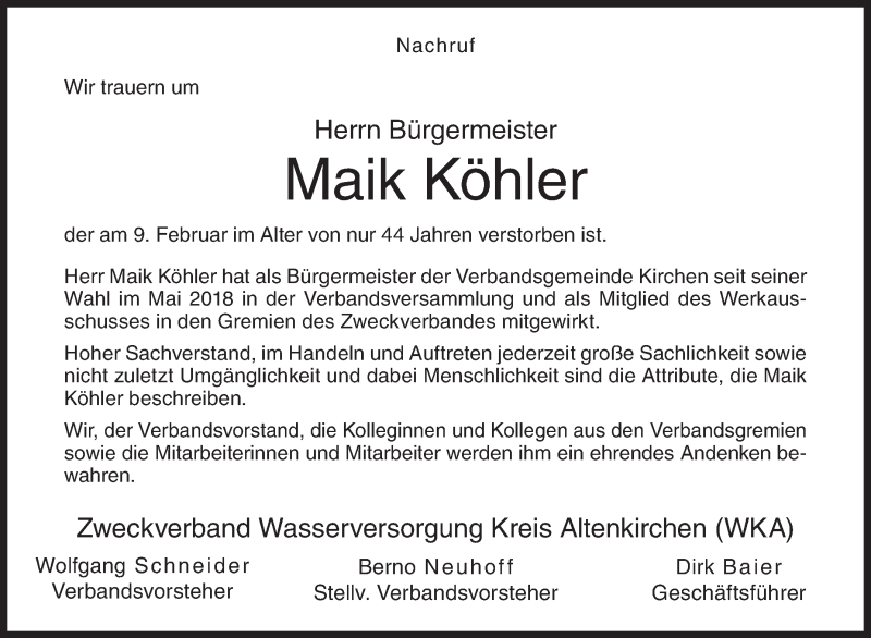  Traueranzeige für Maik Köhler vom 15.02.2021 aus Siegener Zeitung