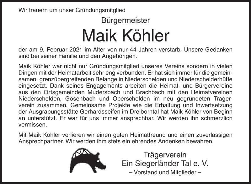  Traueranzeige für Maik Köhler vom 15.02.2021 aus Siegener Zeitung