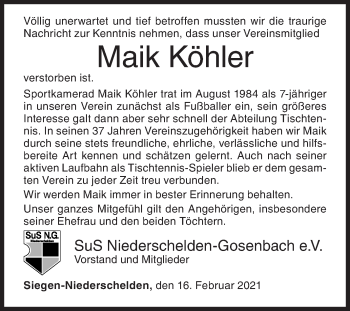 Traueranzeige von Maik Köhler von Siegener Zeitung