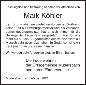 Traueranzeige von Maik Köhler von Siegener Zeitung