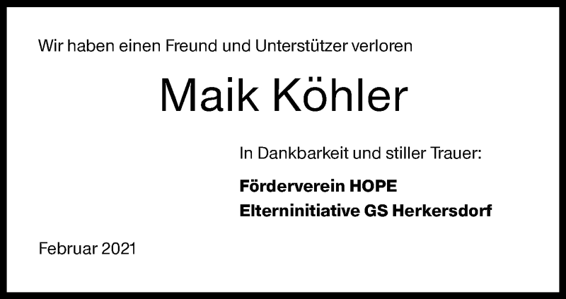  Traueranzeige für Maik Köhler vom 15.02.2021 aus Siegener Zeitung