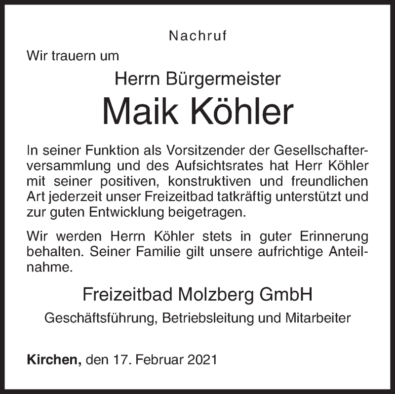  Traueranzeige für Maik Köhler vom 17.02.2021 aus Siegener Zeitung