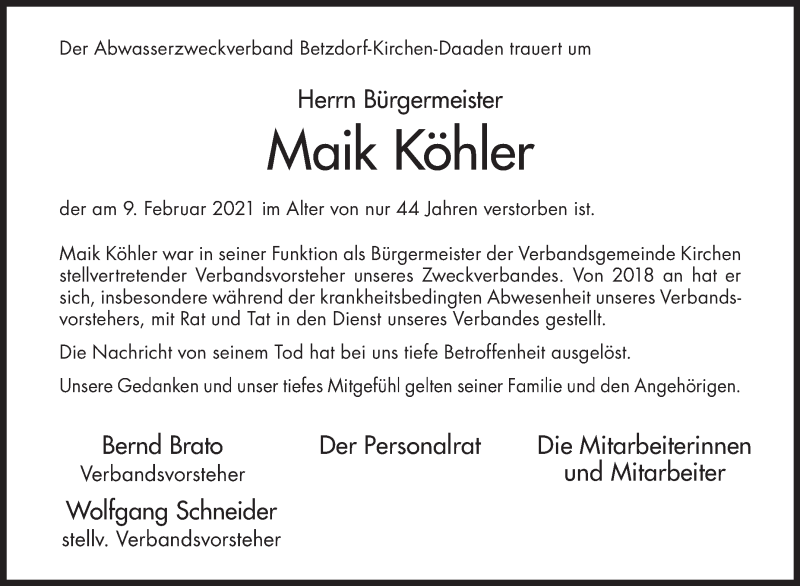  Traueranzeige für Maik Köhler vom 16.02.2021 aus Siegener Zeitung