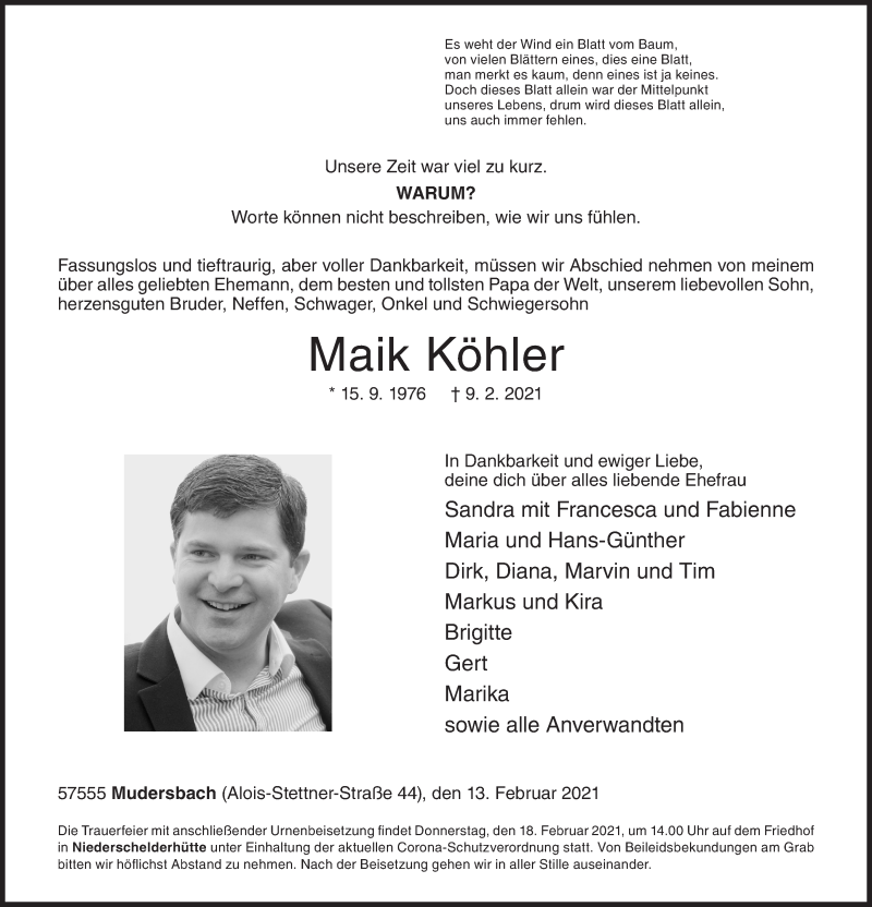  Traueranzeige für Maik Köhler vom 13.02.2021 aus Siegener Zeitung