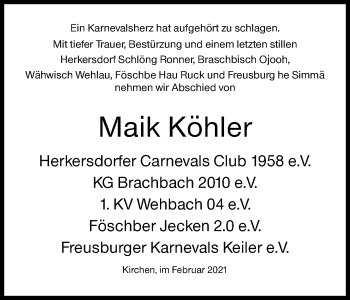 Traueranzeige von Maik Köhler von Siegener Zeitung