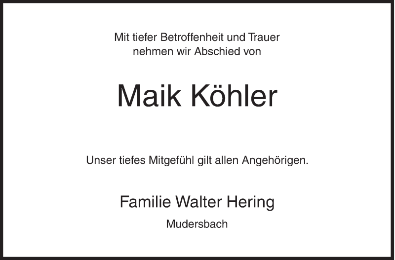  Traueranzeige für Maik Köhler vom 15.02.2021 aus Siegener Zeitung