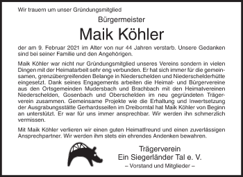 Traueranzeige von Maik Köhler von Siegener Zeitung