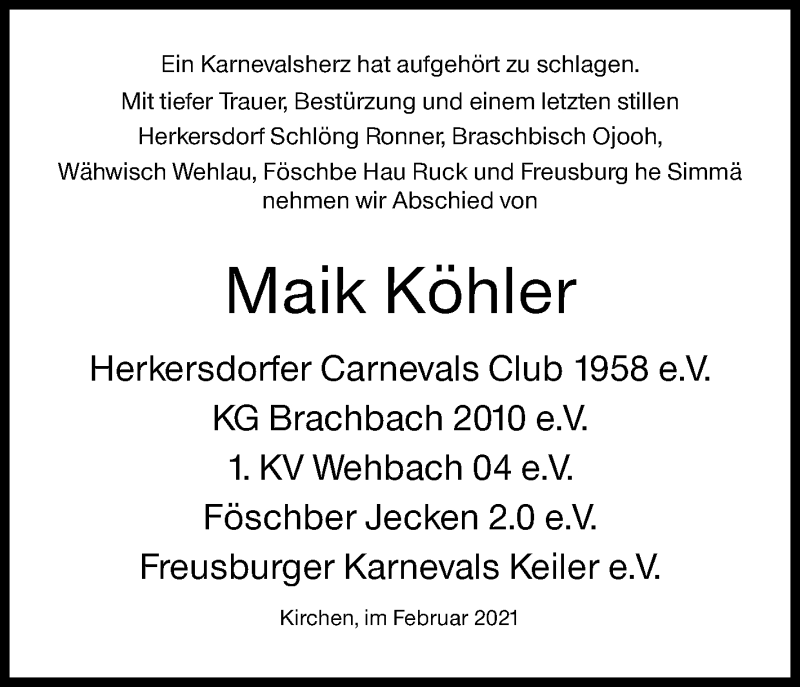  Traueranzeige für Maik Köhler vom 15.02.2021 aus Siegener Zeitung