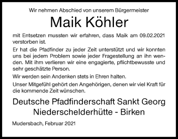 Traueranzeige von Maik Köhler von Siegener Zeitung